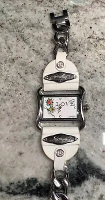 Ed Hardy Vintage Love WristWatch Stainless Steel & White Leather-needs Battery • $27