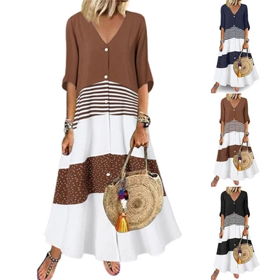 $28.02 • Buy Plus Size Lady Boho Retro V-Neck Half Sleeve Maxi Long Dresses Buttons Kaftan