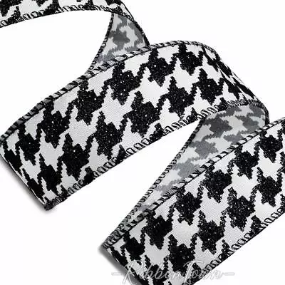 5 Yards Sparkly Black Glitter Houndstooth Herringbone White Wired Ribbon 1.5 W • $4.95