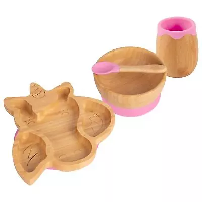 4pc Tiny Dining Pink Unicorn Bamboo Baby Feeding Set Weaning Plate Bowl Spoon • £25