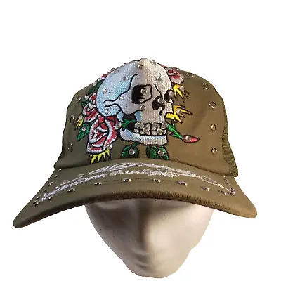 Ed Hardy Christian Audigier  Skull And Rose Trucker Hat Snapback Rhinestones • $24.99