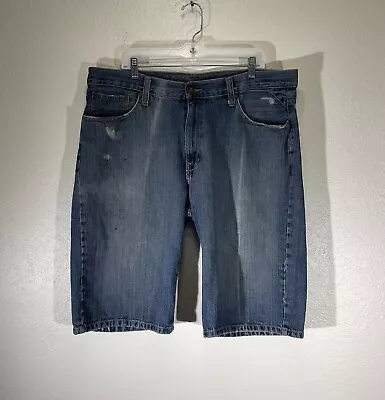 Vintage Y2k Pepe Jeans Shorts Mens 38 Blue Denim Embroidered Baggy Distressed • $26.21