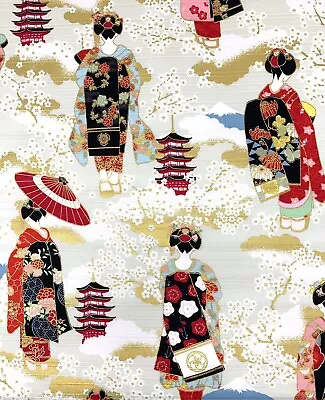 Japanese Cotton Fabric Geiko Ladies Ivory Gold Oriental Upholstery Chinoiserie • £11.91