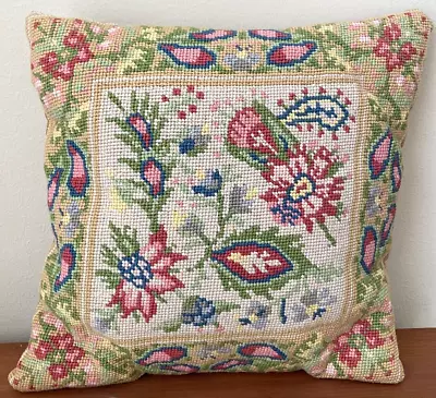 Vintage Handcrafted NEEDLEPOINT PILLOW 13  SQ Pretty Floral Tan/Pnk/Blue/Grn/Yel • $21.95