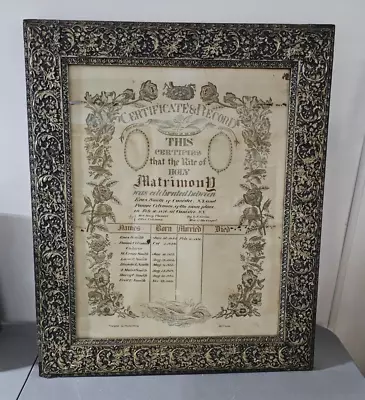 LARGE 1870 Marriage Certificate Ornate Carved Frame - Smith/Coleman Canisteo NY • $85