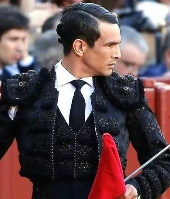 Men's 2Pc Bespoke Black Cotton Embroidered Matador Bolero Jacket Wedding Outfit • $1099.99