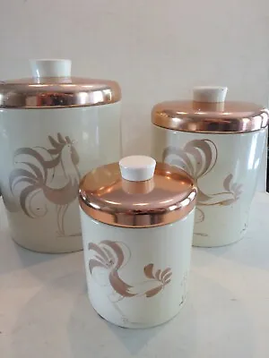Set 3 Ransburg Rooster Canister SET White Copper Mid Century • $22.38