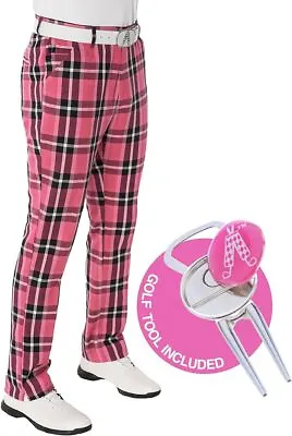 Royal And Awesome Mens Golf Pants Plaid In Pink Black Tartan Golf Pants 30-44 • $74.99