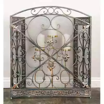 3 Panel Iron Fireplace Mesh Screen Traditional Scroll Metal Fleur De Lis Design • $129.89