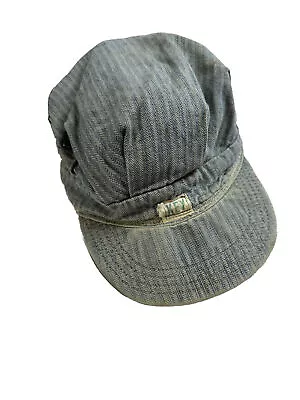 True Vtg HBT KEY SANFORIZED Denim Engineer Fitted Work Cap Hat S/M USA • $44.61