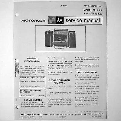 Motorola ® Model PP224EE Stereo Phonograph Record Player Service Manual © 1968 • $4.70