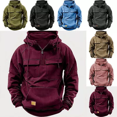 Mens  Hooded Sweatshirt Cargo Hoodies Tops Casual Baggy Combat Outdoor Pocket • £19.99