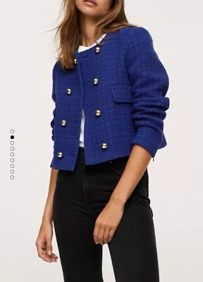 MANGO Crop Tweed Jacket Blue Size Small Ref 17055963 • $59