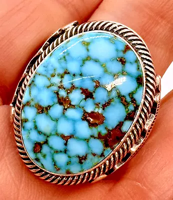 Navajo Men Spider Web Number 8 Mine Turquoise Ring SZ 13 Sterling 35.7grams • $388.94