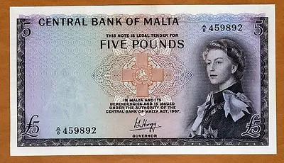 Malta 5 Pounds L. 1967 (1968) QEII P-30 UNC • $417.05