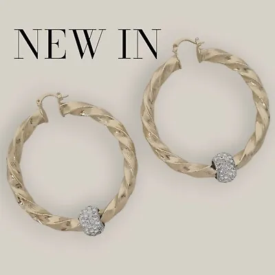 Gold Twist Hoop Earrings With Crystal Balls Chunky Hoops 9ct Gold Filled 60mm • £22.99