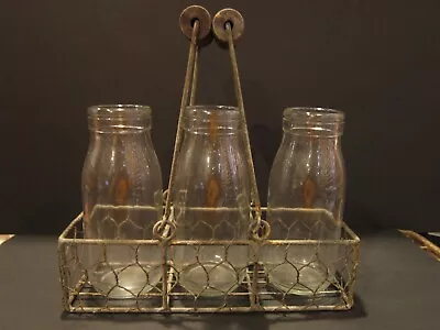 Rustic Chicken Wire Basket With 3 Clear Glass Vases Primitive Farmhouse • $15