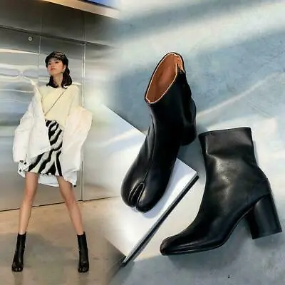 Womens Tabi Split Toe Booties Block Heel Side Zip Ankle Boots Leather Shoes Size • £71.84