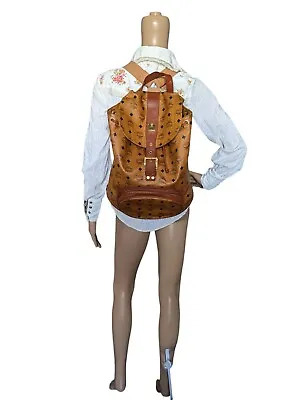 Vintage MCM Backpack Large Visetos Cognac Stark Logo Drawstring Purse With COA • $479.20