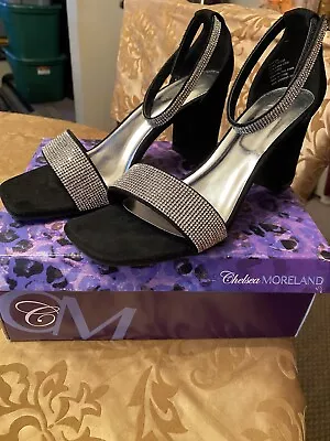 Women's Chelsea Moreland   High Strappy Heels Black Size 9M Beaded Sparkly New • $32.99