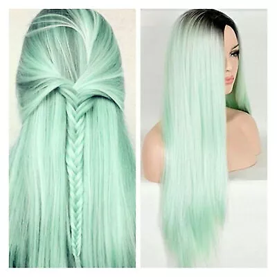 28'' Synthetic Hair Wig Long Straight Lace Front Wigs Heat Safe Ombre Mint Green • $21.96