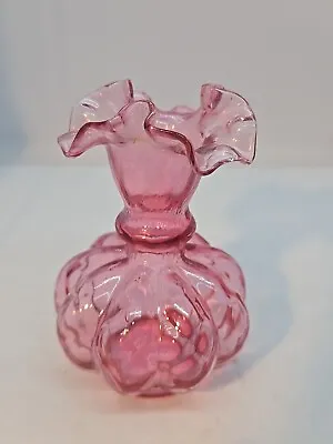 Vintage Fenton Cranberry Vase. Diamond Optic Melon Ruffled Top Approx 5  Tall • $18