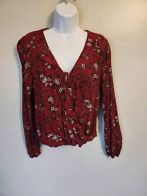 Mossimo Supply Co Burgundy Floral Crinkle Top Elastic Waist Long Sleeve Sz M • $10.50