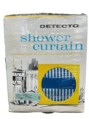 Vintage Deadstock NEW Blue White Stripe Vinyl Shower Curtain Velvet Trim Detecto • $34.98