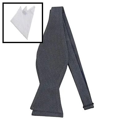 Mens BOW TIE SELF TIE Silk Charcoal Black Matte Adjustable Bowtie POCKET SQUARE • $12.87
