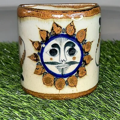 Tonala Mexican Pottery Wall Pocket Planter Hand Painted Mustache Sun Small 3.25  • $35