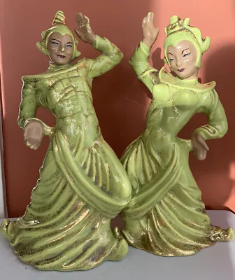 Pair Of Midcentury Gilner Ceramic Asian Dancers Chartreuse Gold Pottery USA 14” • $79