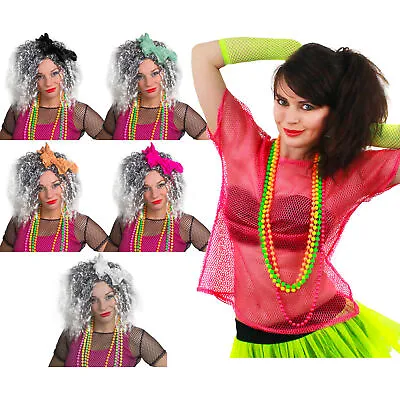 Ladies 1980s Costume Pink Mesh Top Wig And 4 Pack Neon Beads Rave Fancy Dress • £11.99