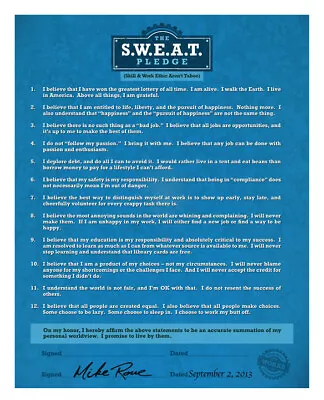 Mike Rowe's The S.W.E.A.T. Pledge Poster 2.0 (Skill & Work Ethic Aren’t Taboo) • $12