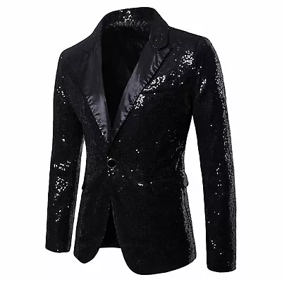 Men Bling Sequins Tuxedo Suit One Button Party Coat Blazer Gentleman Jacket UK • £21.59