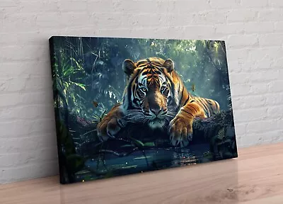 Large Tiger In Jungle Water Cat Animal Canvas Wall Art Painting Picture Print • £11.99