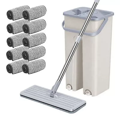 360° Flat Mop Bucket Set Squeeze Dry Microfibre Floor Mop Cleaner 10 Refill Pads • $15.29