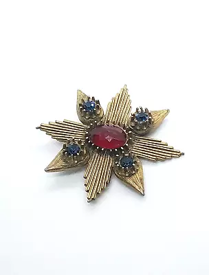 Vintage Hattie Carnegie Brooch Pin Brass Rhinestones Blue Red Art Deco Sunburst • $89