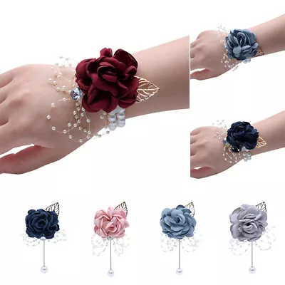 Womens Pearl Wrist Flower Corsage Bracelet Wedding Party Prom Brooch Artificial • £3.23