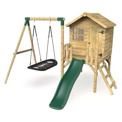 £849.95 • Buy Rebo Orchard 4FT X 4FT Wooden Playhouse + Swings, 900mm Deck & 6FT Slide - Boat 