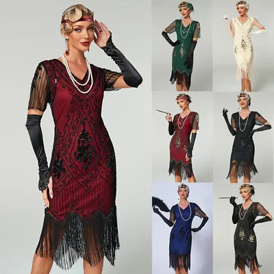 Great Gatsby Costume 1920's Cocktail Party Sequin Fringe Flapper Dress Size 6-24 • £26.80