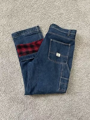 Eddie Bauer Mens 35x32 Red Flannel Lined Jeans Easy-Fit Carpenter Style Used • $24.94