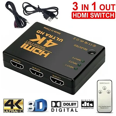 4K Ultra HD 3 Way HDMI Switch Splitter HDTV Auto 3 Port IN 1 OUT Remote Control • $17.49