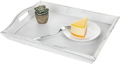 16-Inch Vintage White Wood Breakfast Decorative Serving Tray W/ Cutout Handles • $31.99