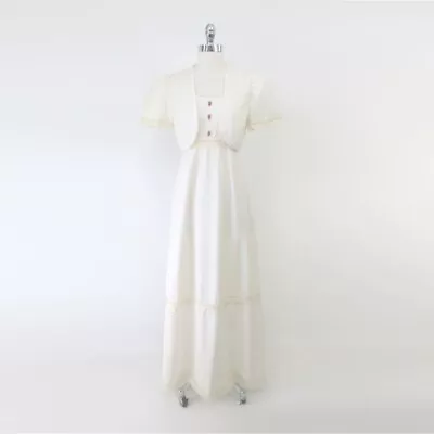 Vintage 70s Antique White Crochet Lace Prairie Dress & Matching Bolero M • $68