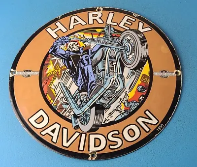 Vintage Harley Davidson Motorcycle Porcelain Skull Biker Service Sales Sign • $145.47