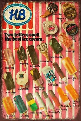 HB Ice Cream Menu Stripey Advert Aged Look Vintage Retro Style Metal Sign Plaque • £3.93
