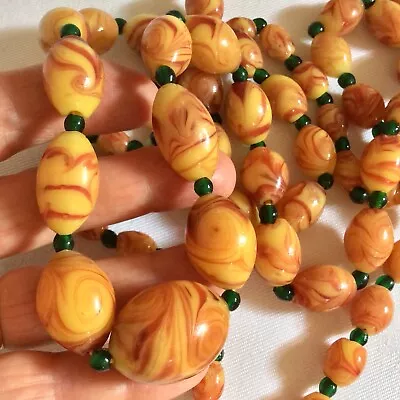 Antique Venetian Trade Bead 132cm Orange Swirled Feather Glass Necklace • £75