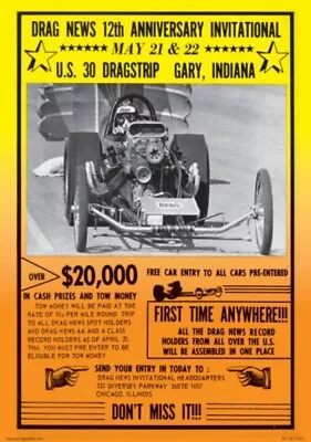 Vrhtf Vtg Style Nhra U.s. 30 Dragstrip Gary In 1966 12th Anni. Drag News Poster • $59.99