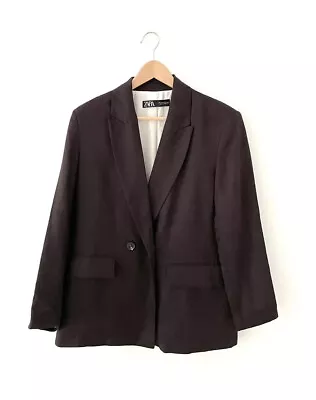 Zara Dark Brown 100% Linen Boyfriend Blazer Size Small UK 8 10 • £34.99