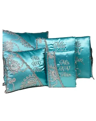 $175 • Buy 5 Pc Teal Green And Silver Colour Quinceanera Set Mis Quince Set Pillows Guest B